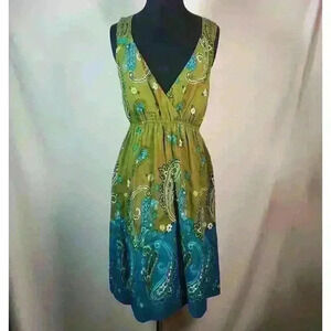 Apt. 9 Crochet Accent Deep V Bodice Green/Blue Border‎ Print Sundress Size M